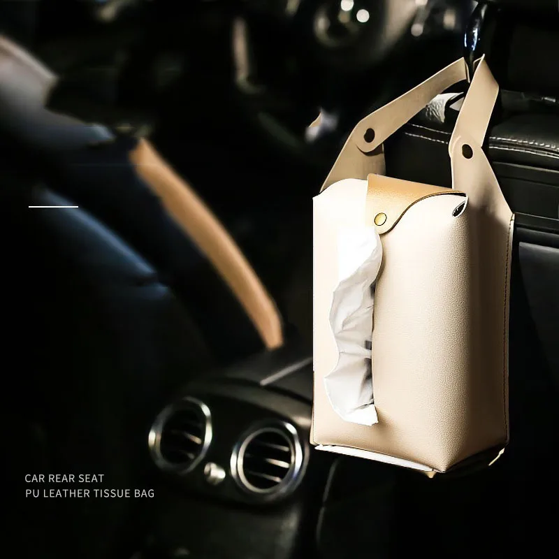 

Simple Car Waterproof Tissue Bag Hanging Pu Leather Tissue Bag Car Seat Hanging Leather Tissue Box Car Interior Products