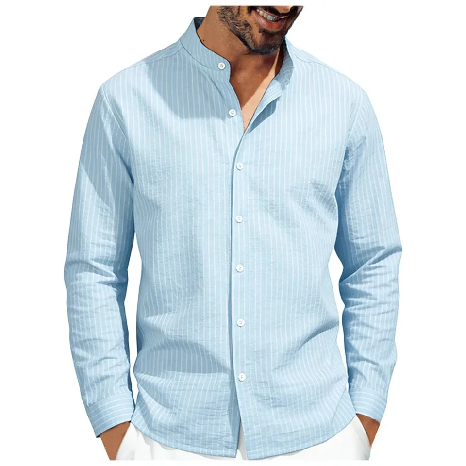 

Cotton Linen Men's Long-Sleeved Shirts Summer Striped Henley Collar Casual Beach Style Shirt Male Hawaiian Vacation Tops