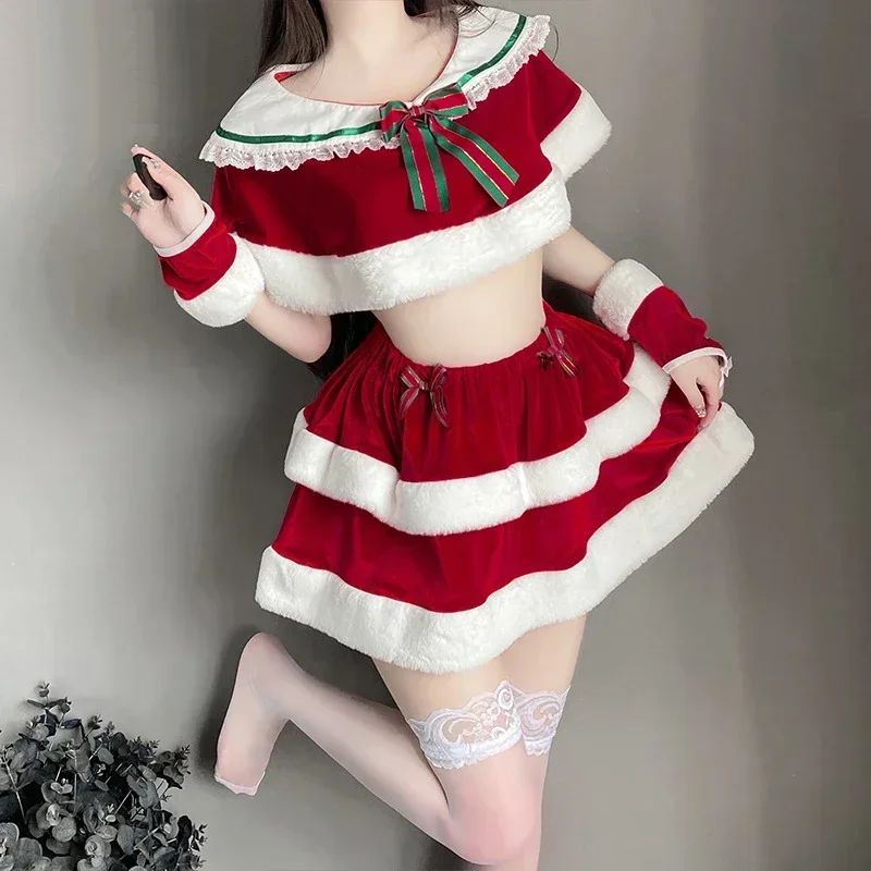 Christmas Uniform Cute Girl Santa Claus Dress Outfits Cosplay Costume Xmas Top Skirt Gloves Clothes New Year Role Play Underwear