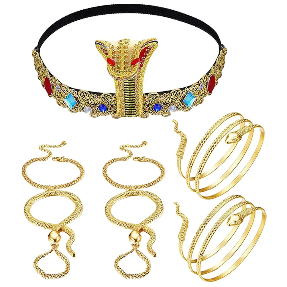 1Set Egyptische Stijl Slang Haarband Props Kostuum Hoofdtooi met Armbanden voor Halloween Party Cosplay Accessoire Vrouwen Decor