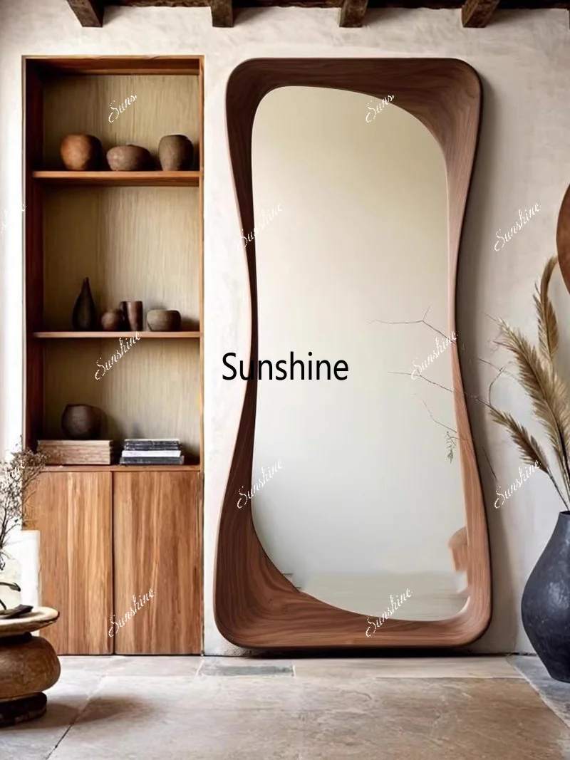 French Retro Walnut Wood Frame Full-Body Mirror Customized Living Room Art Decoration Cloakroom High-Definition Dressing Mirror