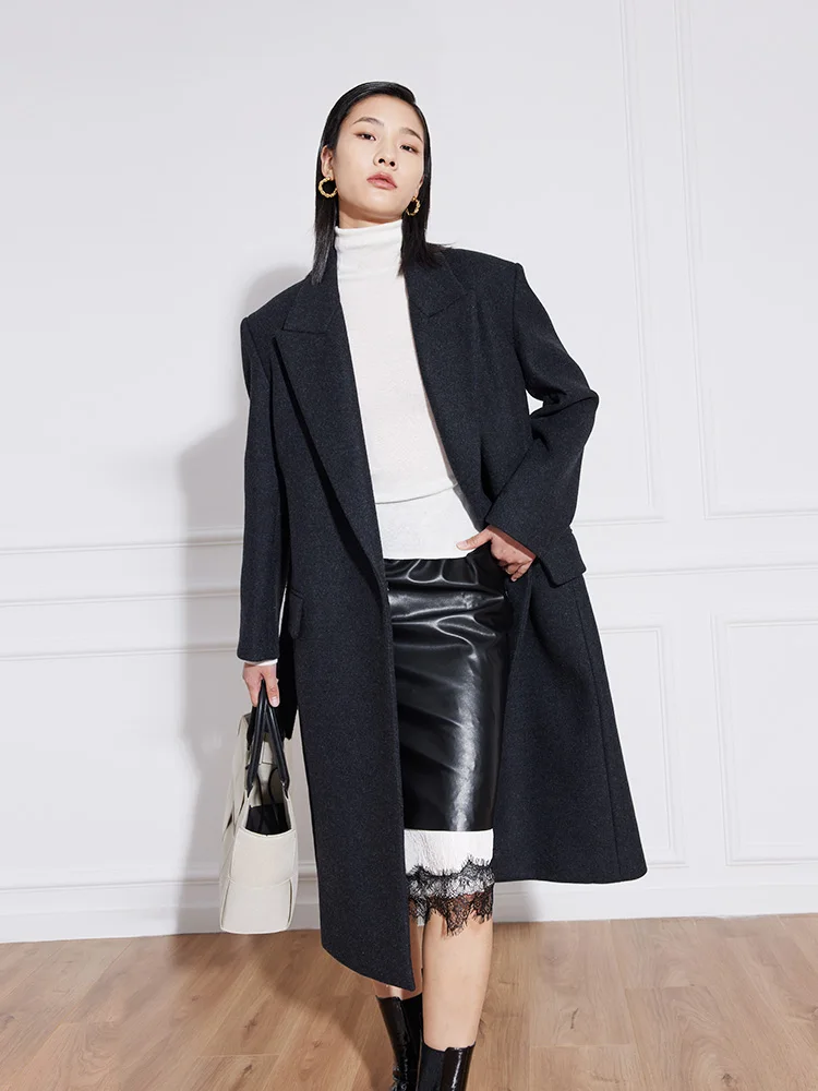 

Шерстяное пальто Cokewei из двусторонней шерсти мелтон, цвет «уголь», с поясом, премиум-класса, для женщин