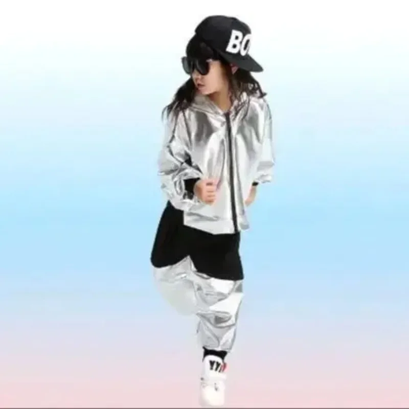 Gold Silver kids Modern Jazz Sweatpants dancing Hoodie clothing Sequined Girls Boys Ballroom Hip Hop Dancewear Outfits