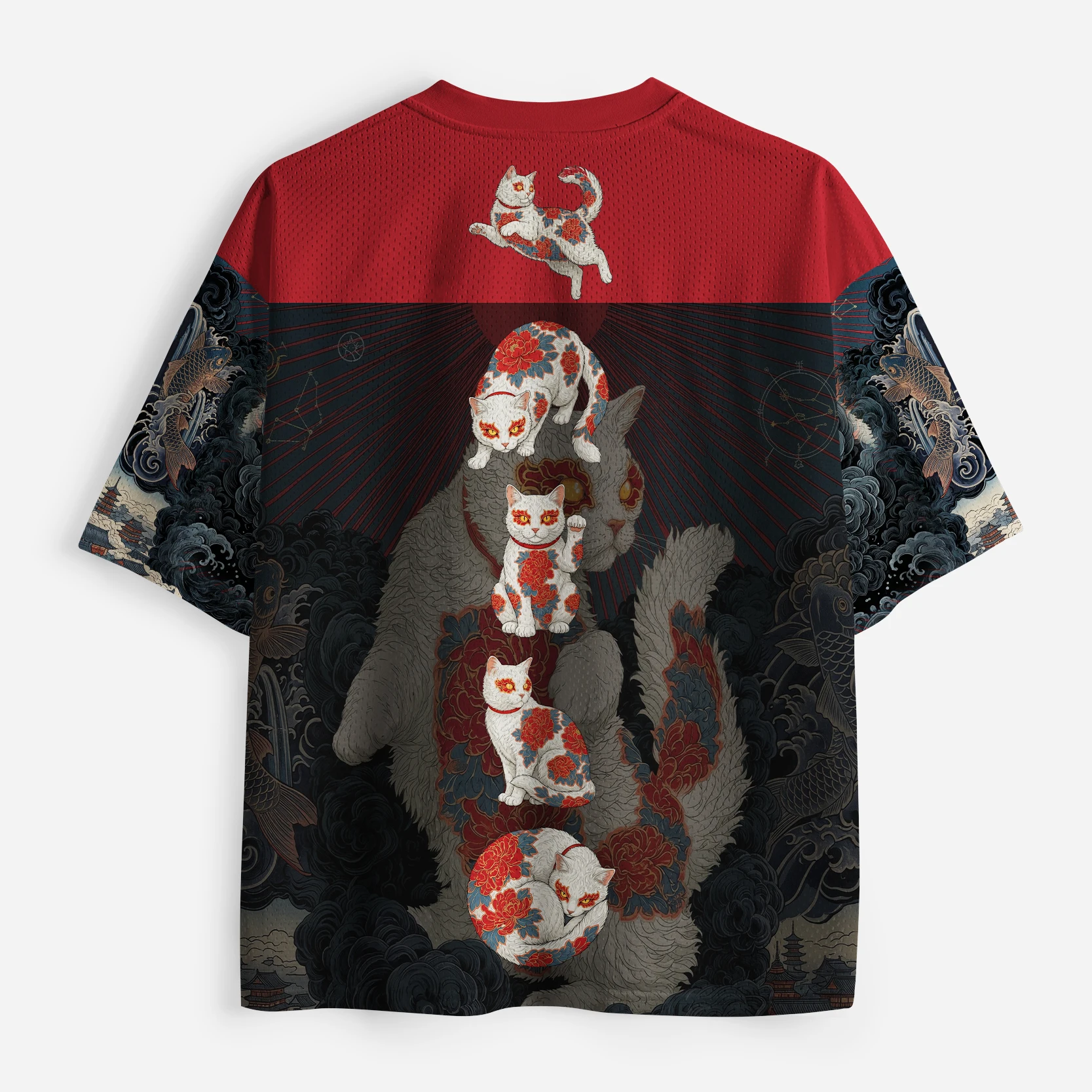 Latest Ukiyo-e Tattoos for Men and Women, White Cat, Waves, Koi Fish,3D Printed Mesh, V-neck, Loose and Breathable Short Sleeves