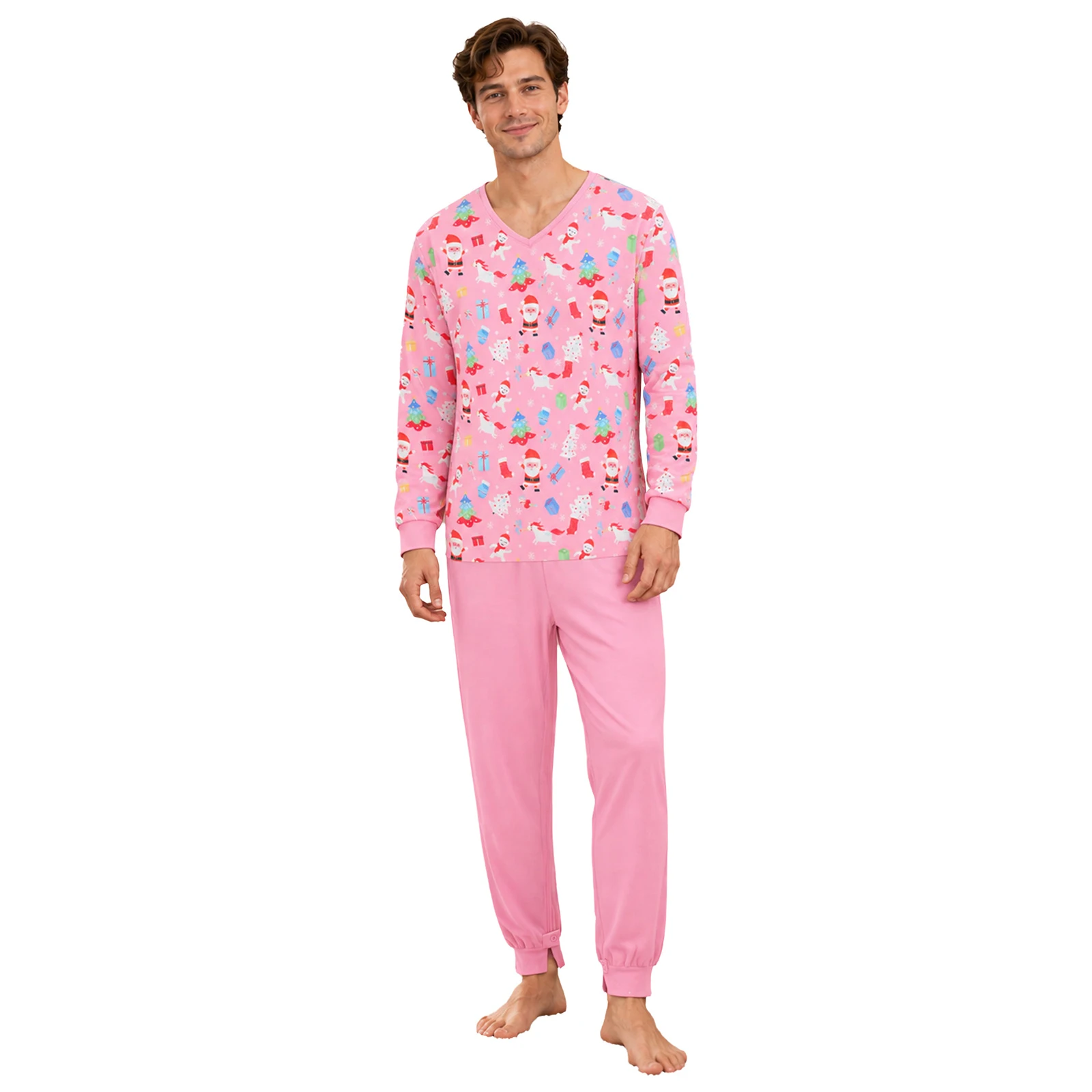 Adults Anti-strip Nursing Jumpsuit V-neck Long Sleeve Zipper Back Crotch Christmas Print Patchwork Bodysuit Nightwear view 2