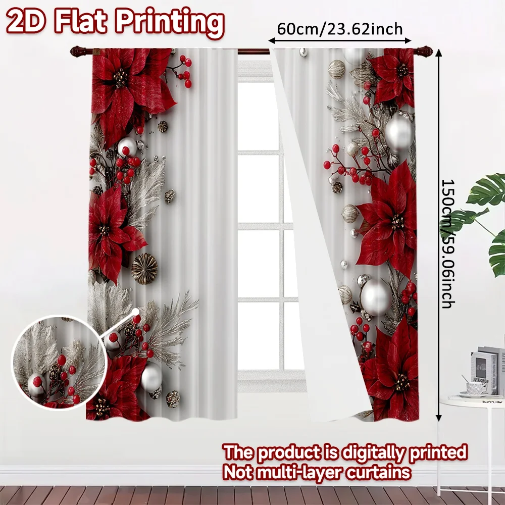 2D flat printing 2pcs Curtain Christmas Poinsettia Elegance Digital Printed Polyester Drapes Festive Wall Decor Use for Art