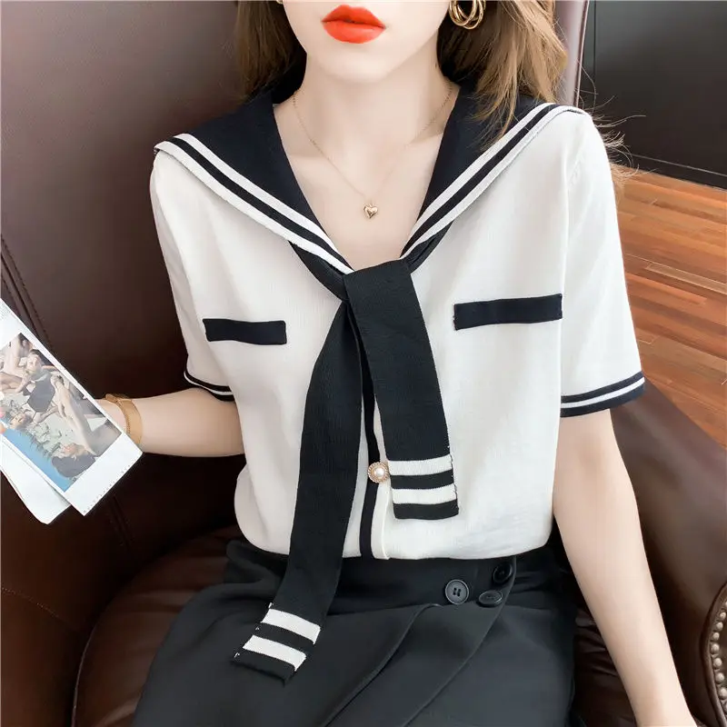 Fashion V-Neck Spliced Tie Button Loose Blouse Oversized Lace Up Commute Pullovers 2022 Summer New Casual Female Clothing Shirt