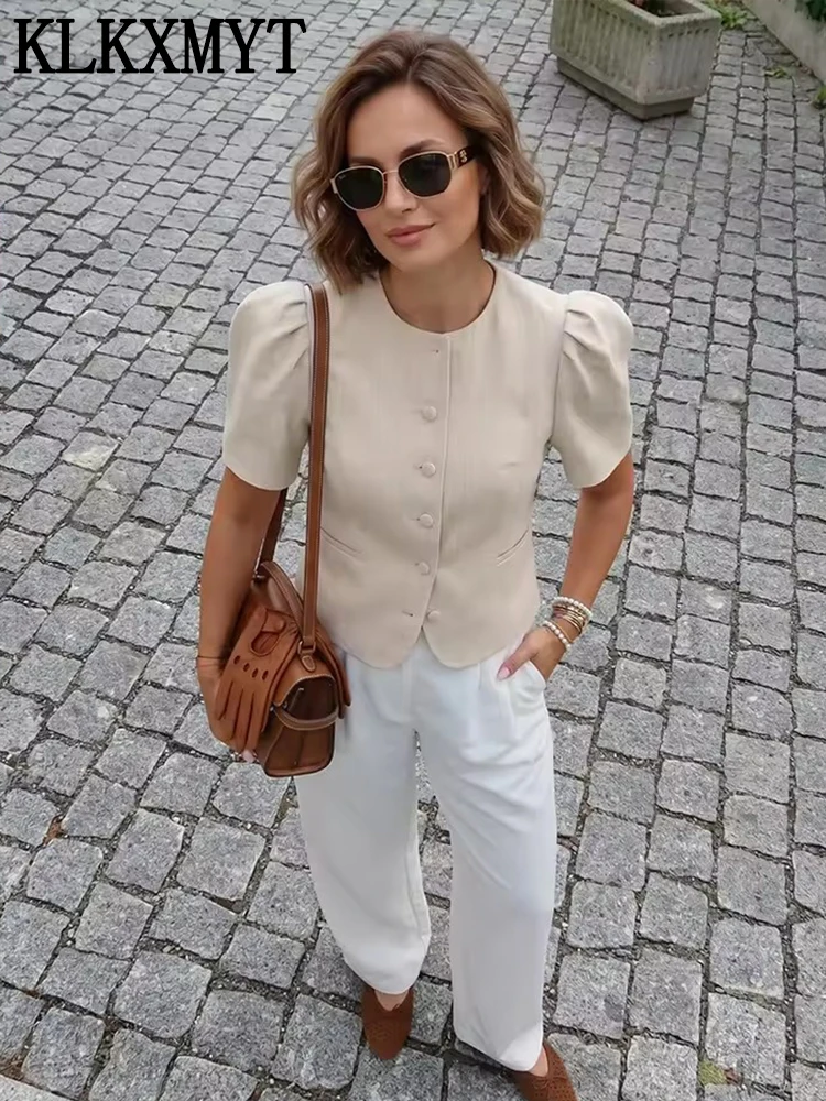 KLKXMYT Women's Blazer Spring Summer Single-Breasted Slim Fit Suit Jacket Short Puff Sleeve Simple Commute Blazers Coat