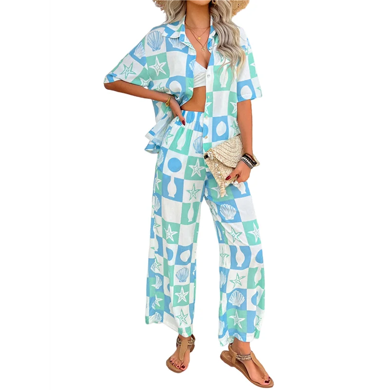 

CGS-женская рубашка на пуговицах с короткими рукавами, топы с принтом, шорты для отдыха, летний пляжный спортивный костюм, комплект из 2 предметов