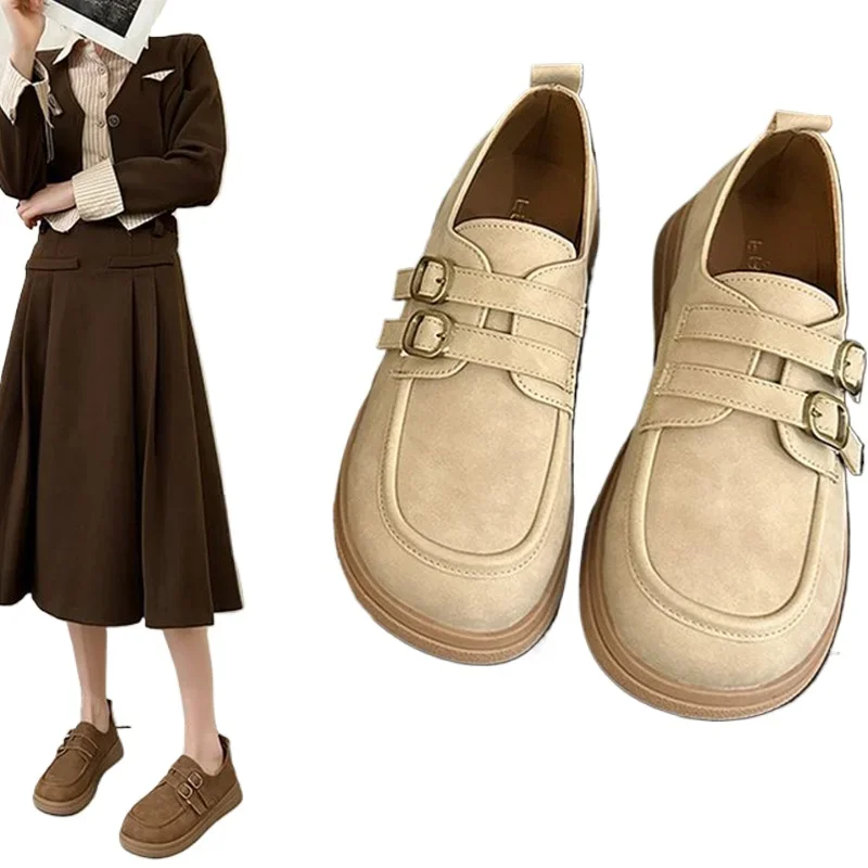 Womens Derby Shoes Autumn Slip-on Female Footwear Loafers With Fur Clogs Platform Leather Summer New Autumn Retro Slip On Dress