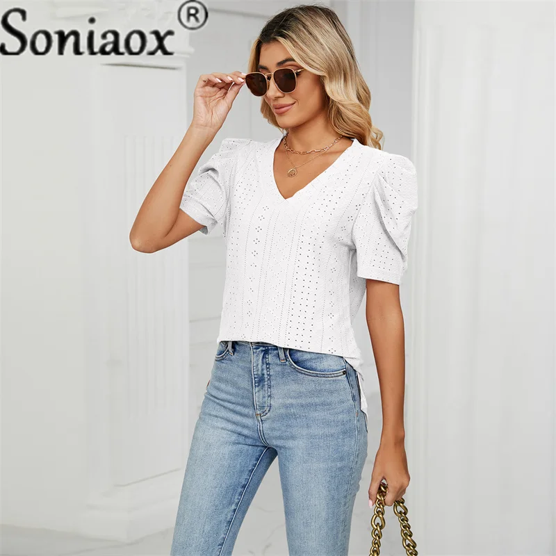 Women's Pleated Bubble Sleeve T-Shirt 2023 Summer New V-neck Refreshing Breathable Tops Female Elegant Cotton Street Casual Tees