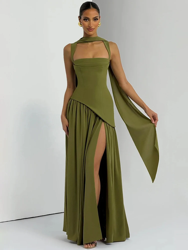 

Mozision Square Collar Backless Sexy Maxi Dress Women Gown Elegant Sleeveless Thigh High Split Pleated Club Party Long Dress