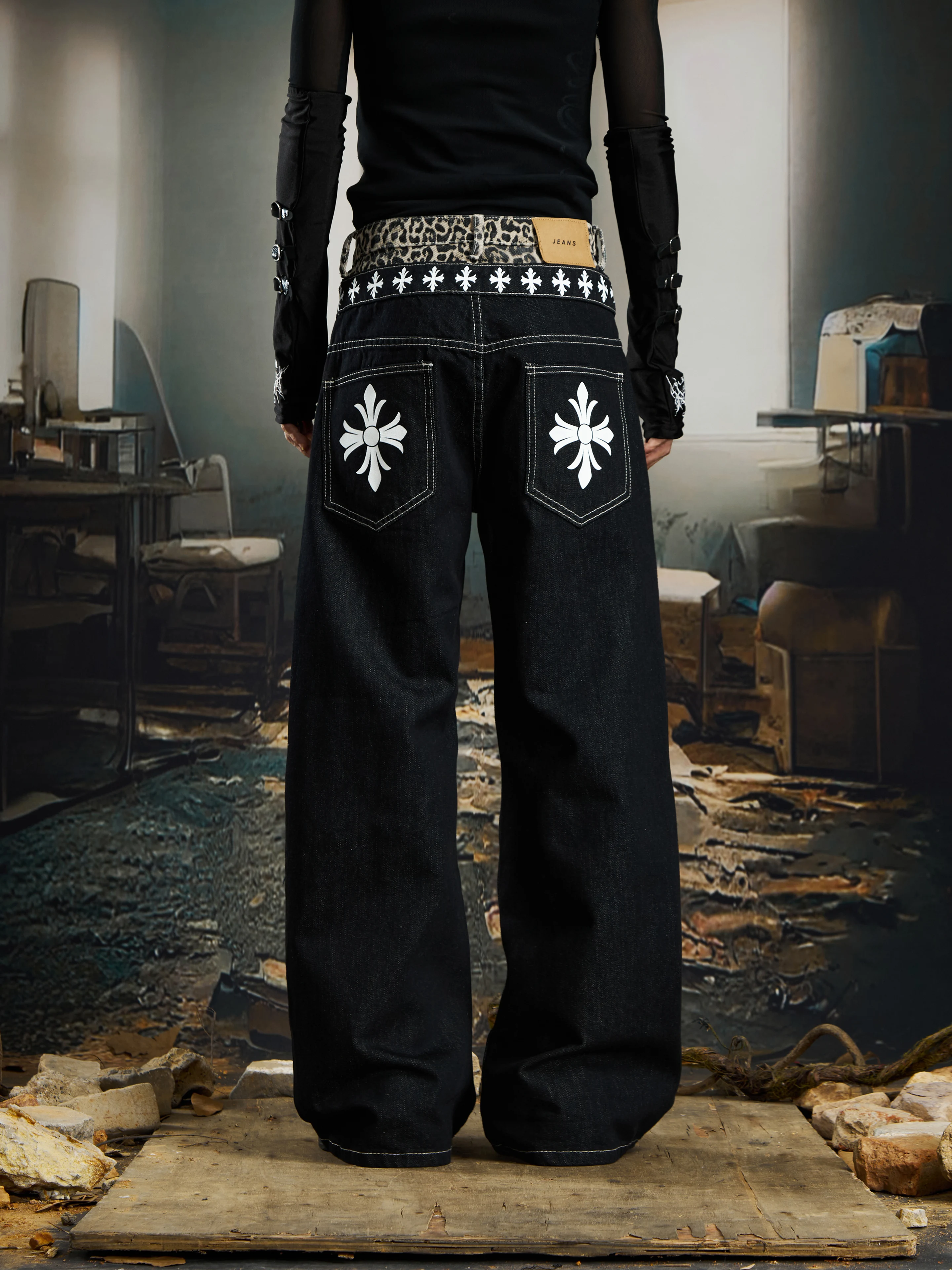 Special-Interest Design  Niche Leopard Splicing Waist Fit Matchet Pants Jeans All-Match Men and Women