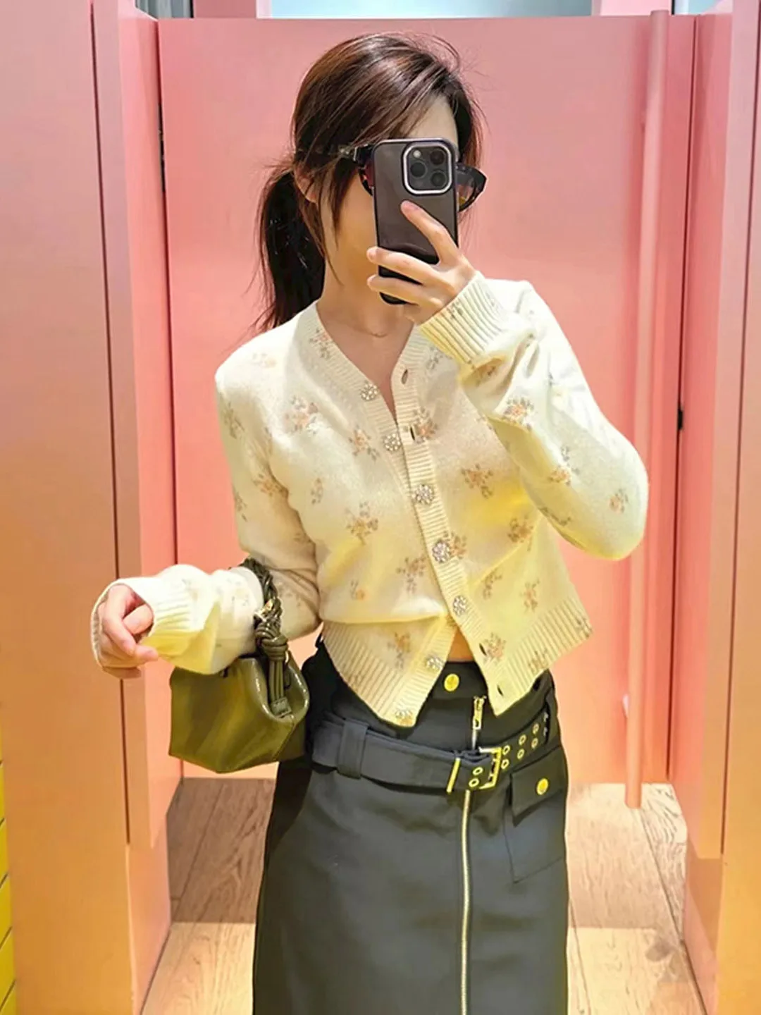 

V-Ne Printed Crystal Button Knitted ort Coat Autumn Winter New Sle French Sle Soft Wool Blend Open Cardigan