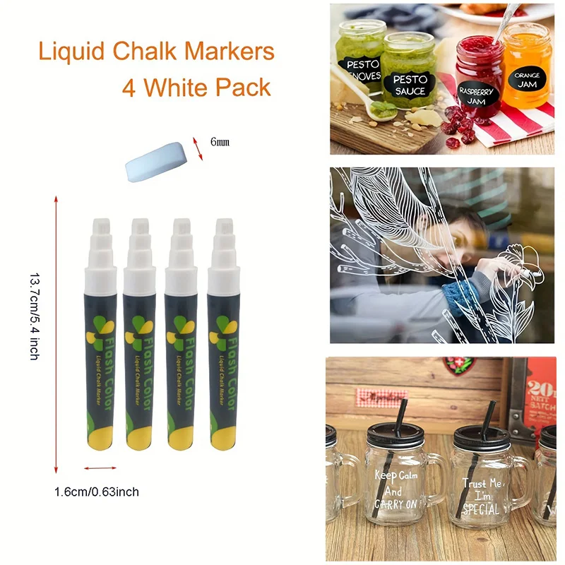 4 Pack  White Liquid Chalk Markers - Dry/wet Erase Marker Pen for Small Blackboard, Calendars,Chalkboards, Window