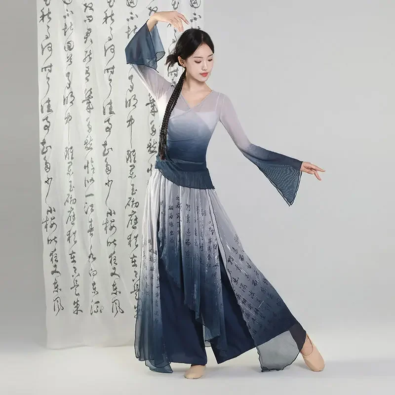 Chinese Ancient Women Classic Dance Costume Navy Blue Top Ink Calligraphy Print Skirt Modern Hanfu Dance Practice Clothing