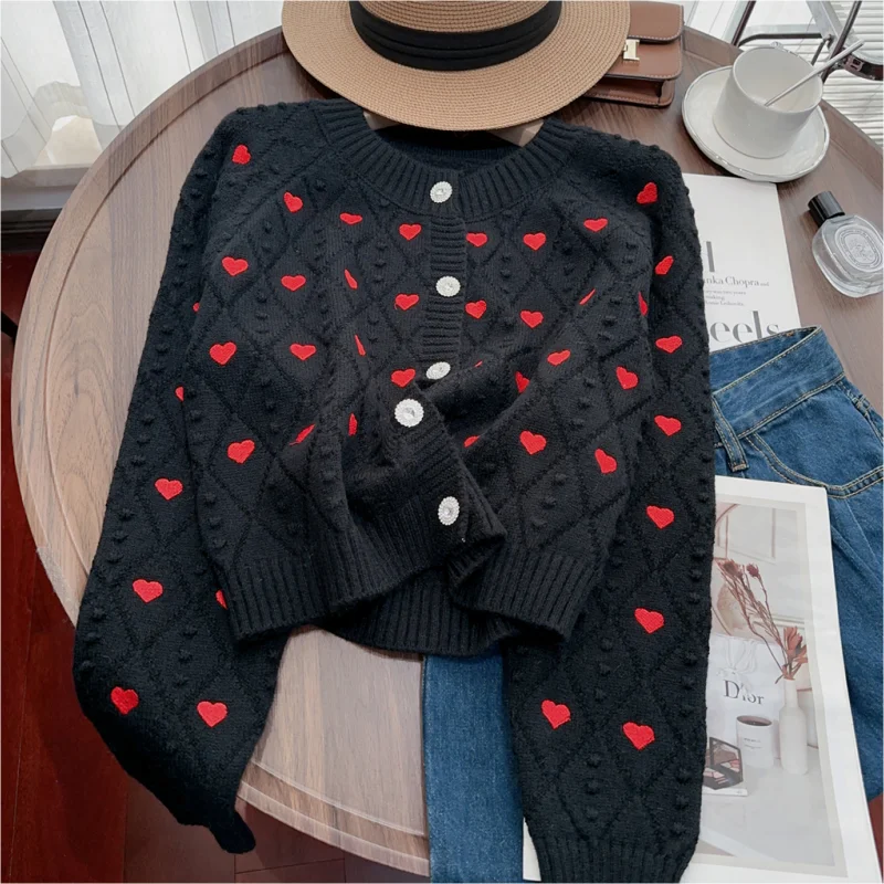 Black Women Clothing Vintage Knitting Sweater Cardigan Jacket Printing White Long Sleeve Casual Fashion Female Winter Tops