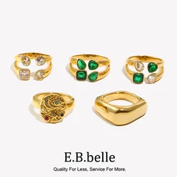 E.B.belle Devil's Eye Star Moon Simple Square Geometric Creative Water Zircon Stick Ring Waterproof 316L Stainless Steel