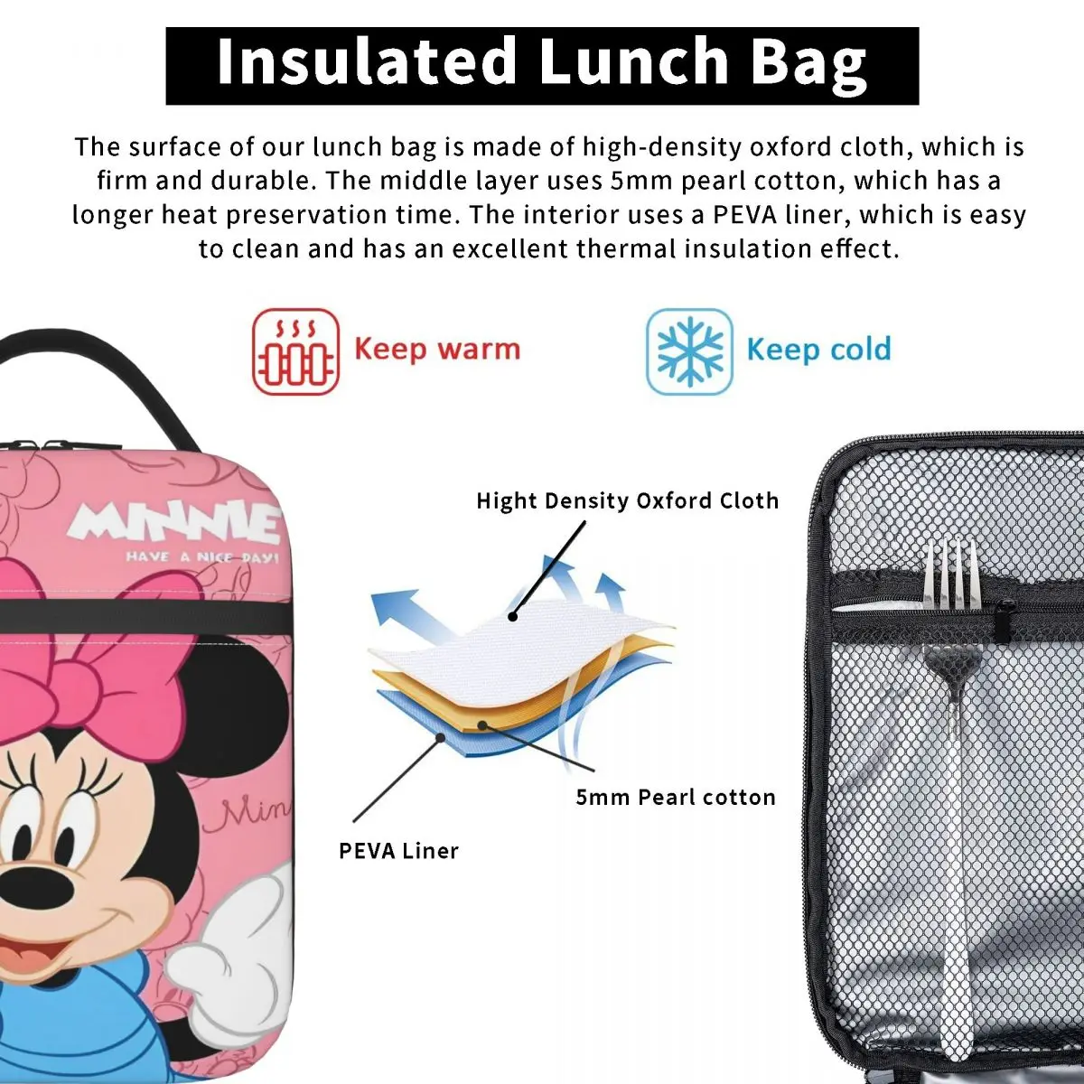 Pink Minnie Mouse Insulated Lunch Bags Storage Food Box Reusable Cooler Thermal Bento Box For Picnic