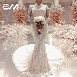 Exquisite Lace Trumpet Wedding Dress Full Sleeves Long Mermaid Bridal Gown High Neck Illusion Corset Bridal Gown