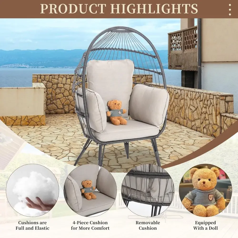 Outdoor Beige Rattan Egg Basket Chair Folding Patio Swing Seat with Cushion