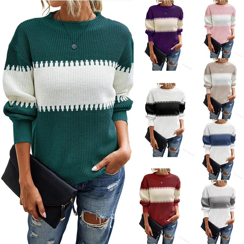 Women Crew Neck Color Block Knit Sweater Loose Long Sleeve Casual Patchwork Pullover Jumper