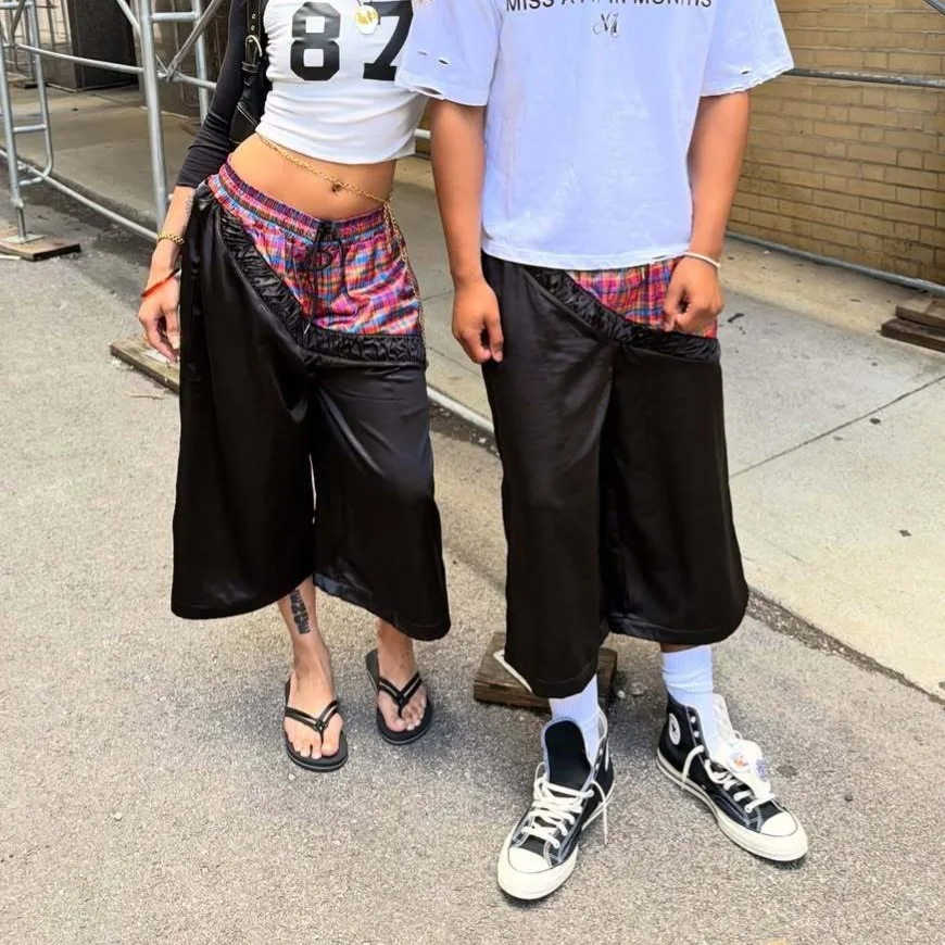 American Retro Street Millennium Style Stitching Contrast Color Check Sports Wide Legs Shorts Niche Casual Y2k Style