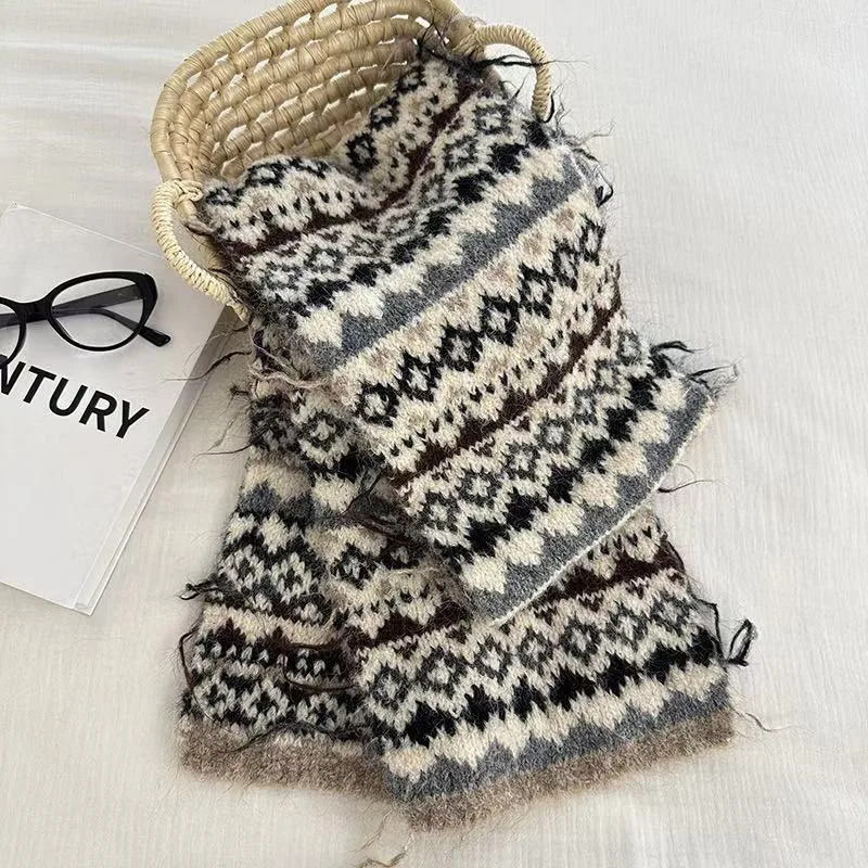 

Новый женский двусторонний вязаный шарф Fair Lsle, зимний Y2K Лолита, утолщенная теплая роскошная шаль для уличной фотографии, элегантные подарки