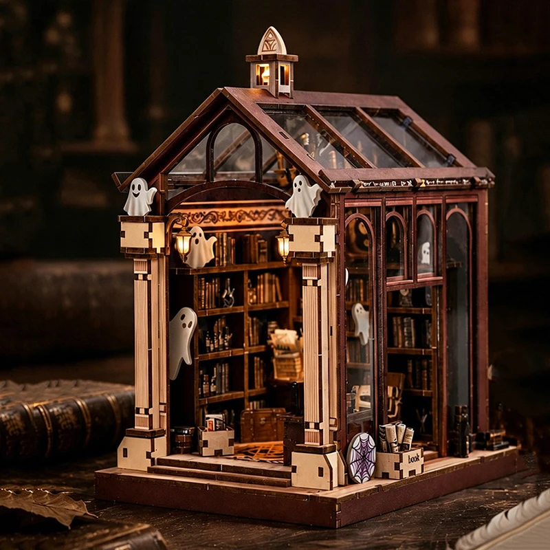 DIY Wooden Miniature Model Kits Ghost Library Book Nook 3D Puzzle Dollhouse With Furniture for Friends Birthday Gifts