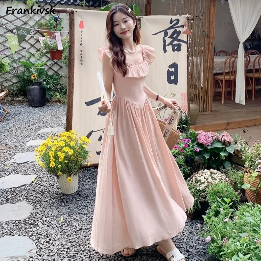 

Dresses Women Sleeveless Lightweight Tender All-match Pure Ruffles A-line Summer Korean Style College Casual Popular Stylish Ins