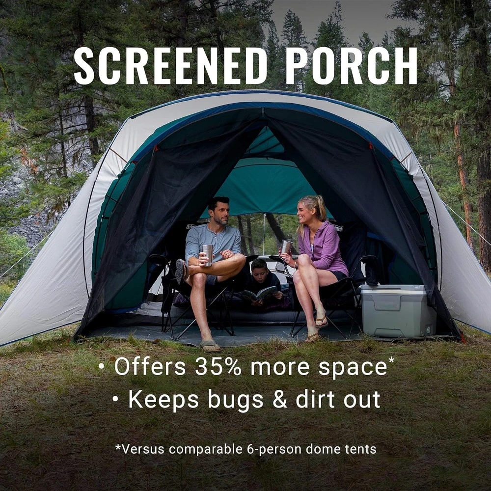 Cabin Camping Tent with Screened Porch, with Enclosed Screened Porch Option, Includes Rainfly, Carry Bag, Extra Storage