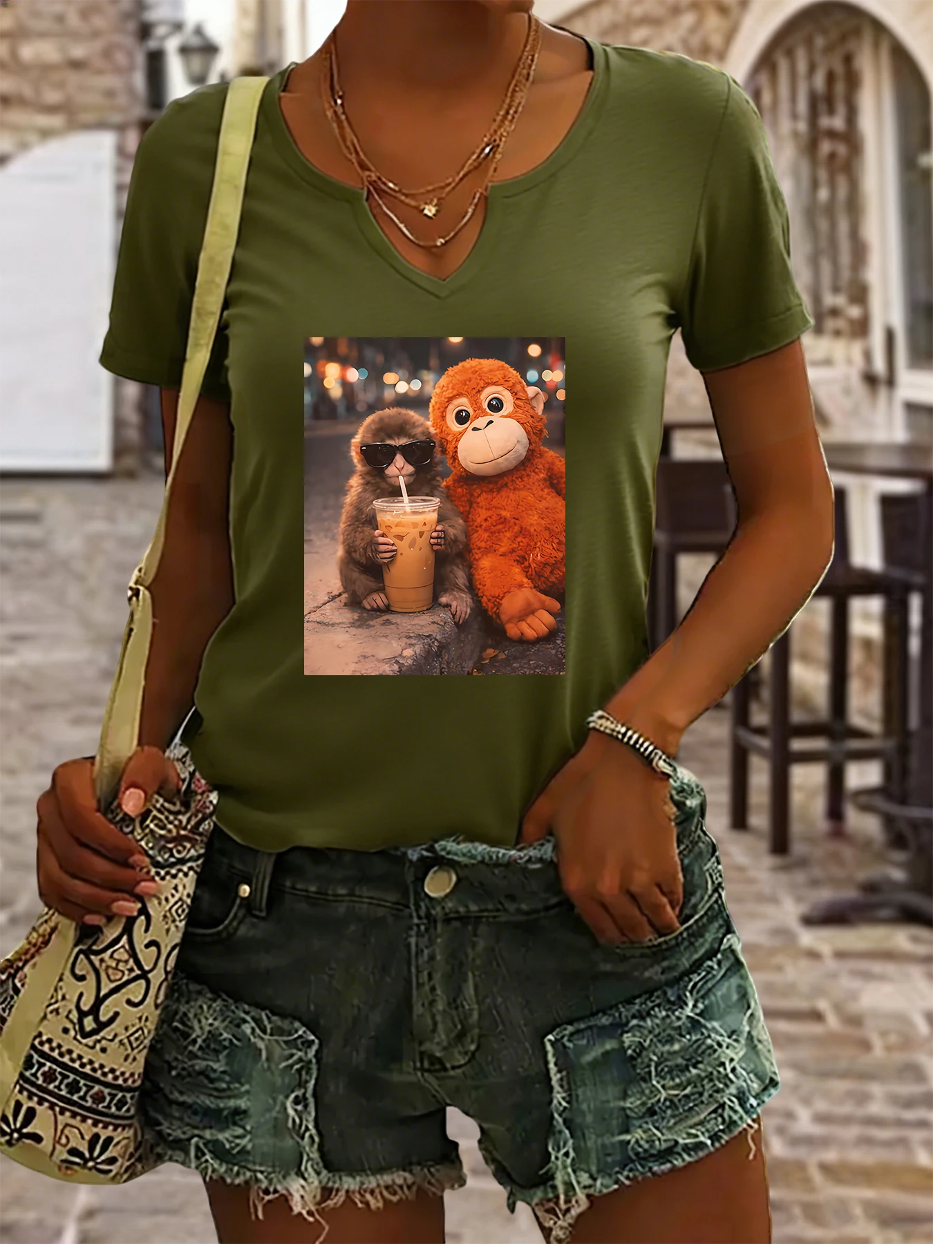Women's Summer V-Neck Short Sleeve T-Shirt, Cool Monkey Drinking Iced Coffee with Plush Toy Print, Cute Funny Casual Top