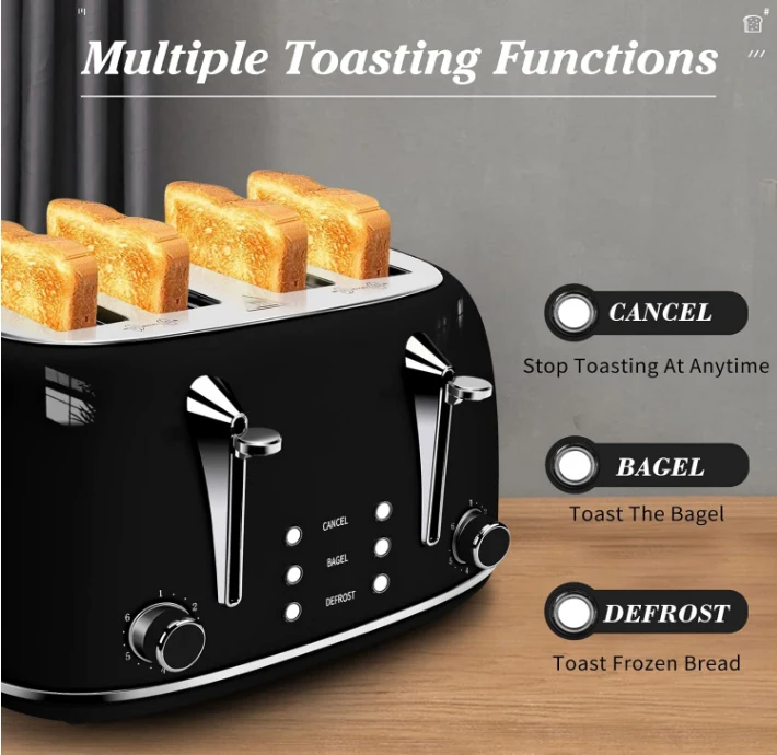 4 pieces stainless steel toaster with bagel, cancel, defrost function, removable crumb tray, 4 additional wide slots