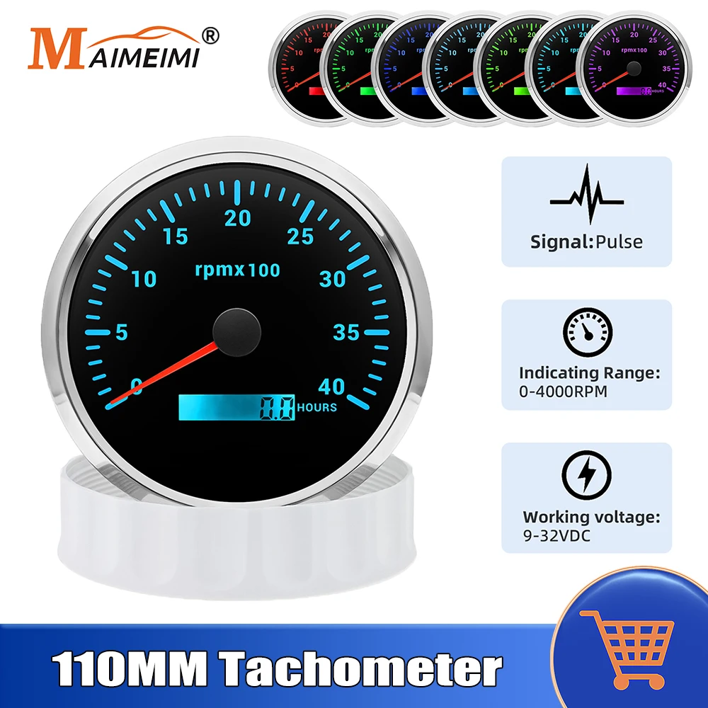 Tacómetro de 110 mm con horómetro LCD, retroiluminación de 7 colores, 3000, 4000, 6000, 7000, 8000 RPM, medidor de velocidad, 12 V, 24 V, para coche, barco, embarcación marina