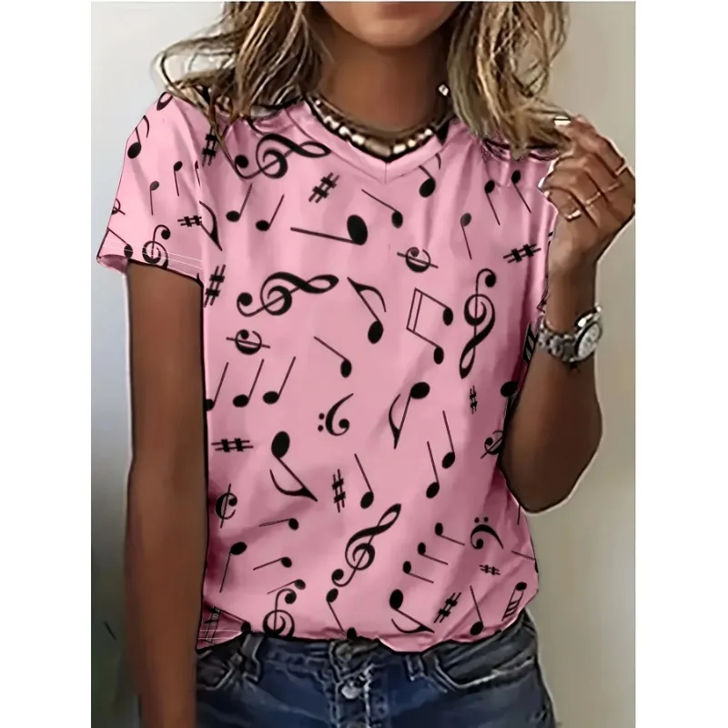 

Новая женская футболка больших размеров 1XL-5XL с V-образным вырезом и принтом музыкальных нот, повседневная, мягкая, удобная, с коротким рукавом.