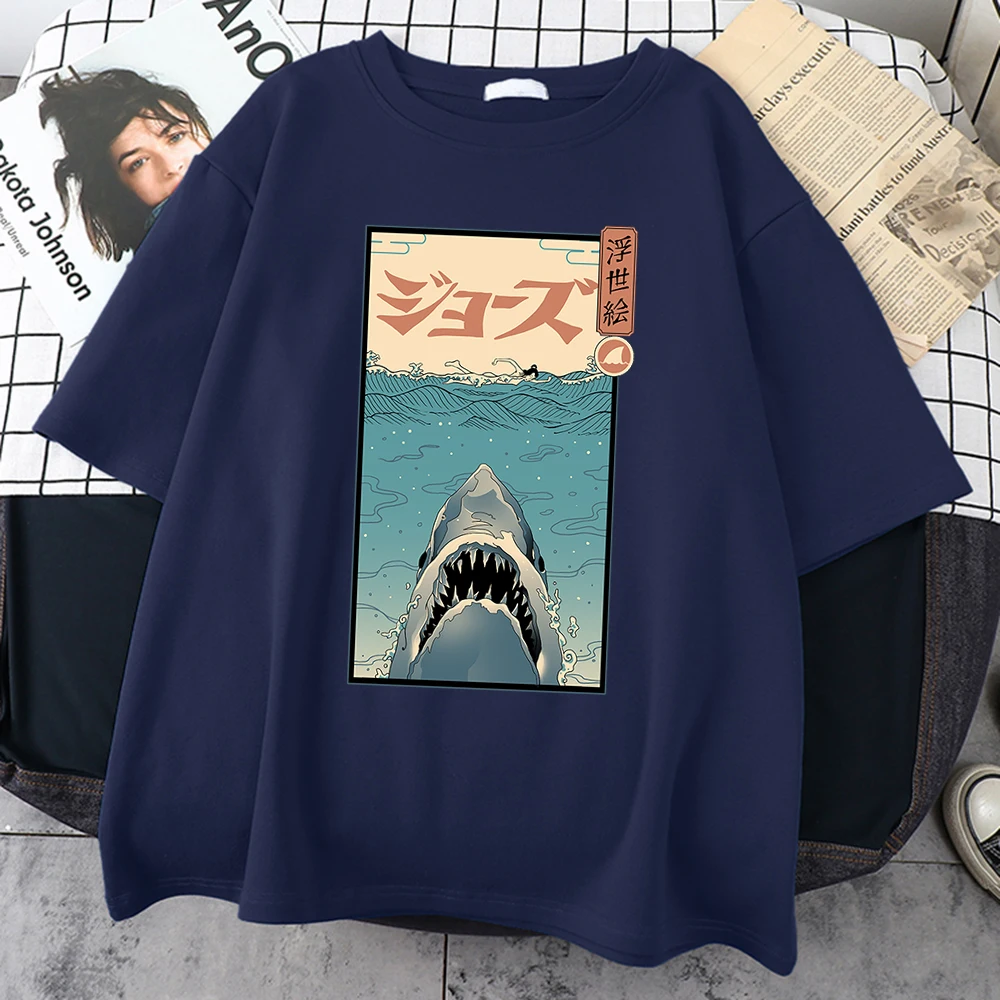 Ukiyoe Shark Cartoons Prints Mens T-Shirts Sport Vintage Tshirt Style Oversized T-Shirt Fashion Comfortable Male Short Sleeve