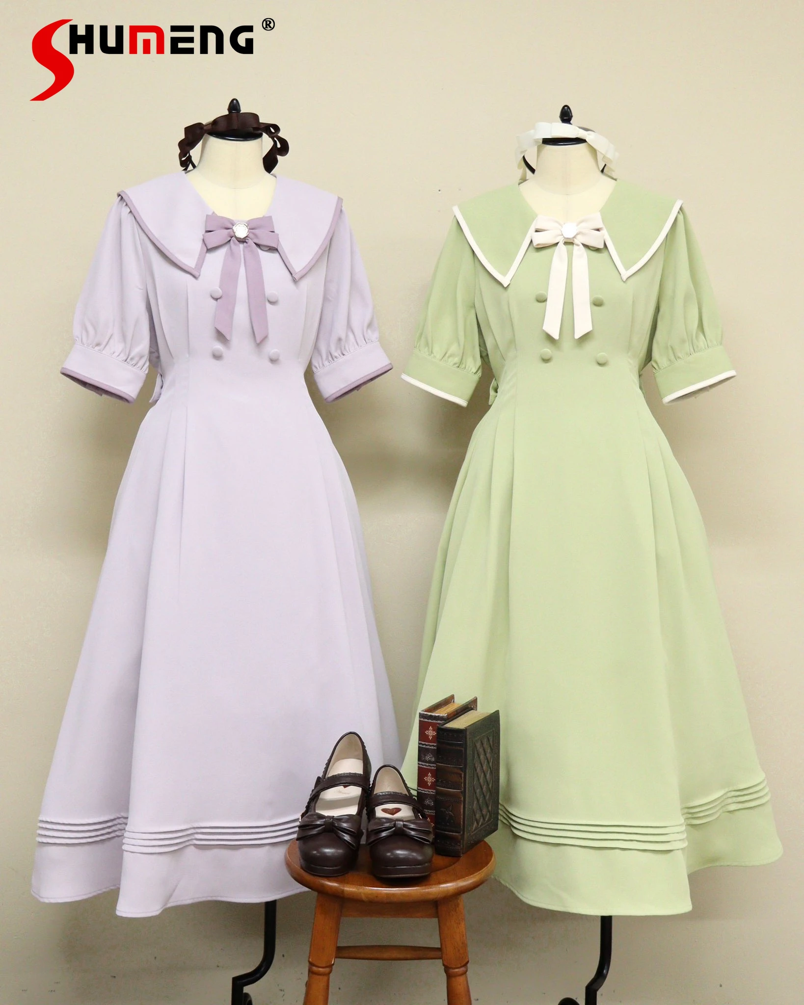 

Japanese Elegant Retro Style Doll Collar Bow Short Bubble Sleeve High Waist Lace-up Slim A-line Sweet Long Dress Women Summer