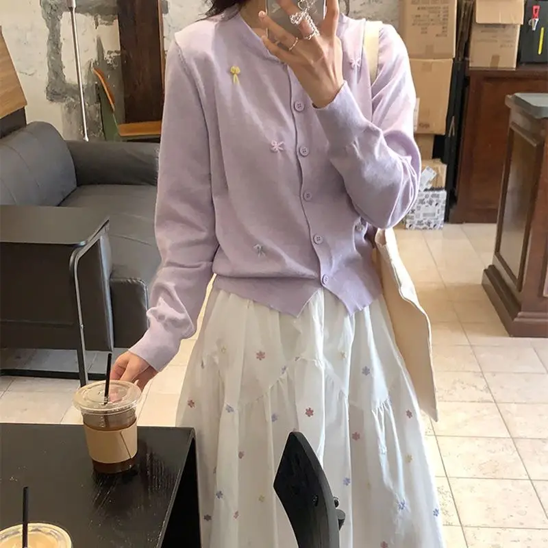 Coreano tridimensional decorativo arco macio camisola cardigan feminino solto doce camisola de malha xale jaqueta