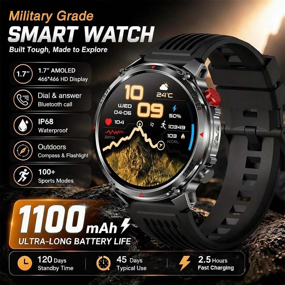 New Men Military 1100mAh Battery Smart Watch GPS Compass Flashlight IP68 Waterproof Bluetooth Call Outdoor Sports Smartwatches