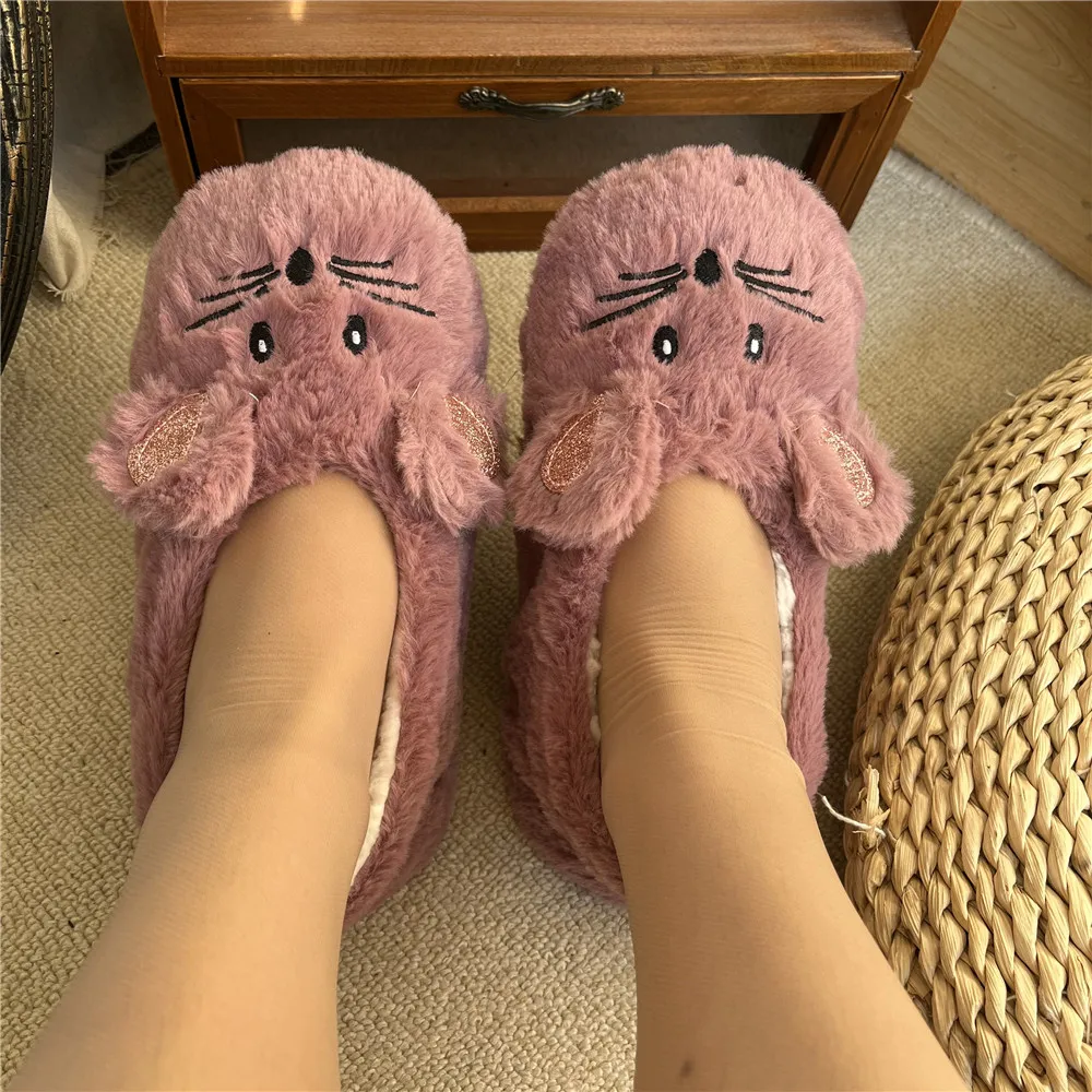 Winter Warm Slipper Women Home Fuzzy Fur Contton Plush Non Slip Grip Indoor Fluffy Lazy Female Mouse Ears Embroidery Floor Shoe