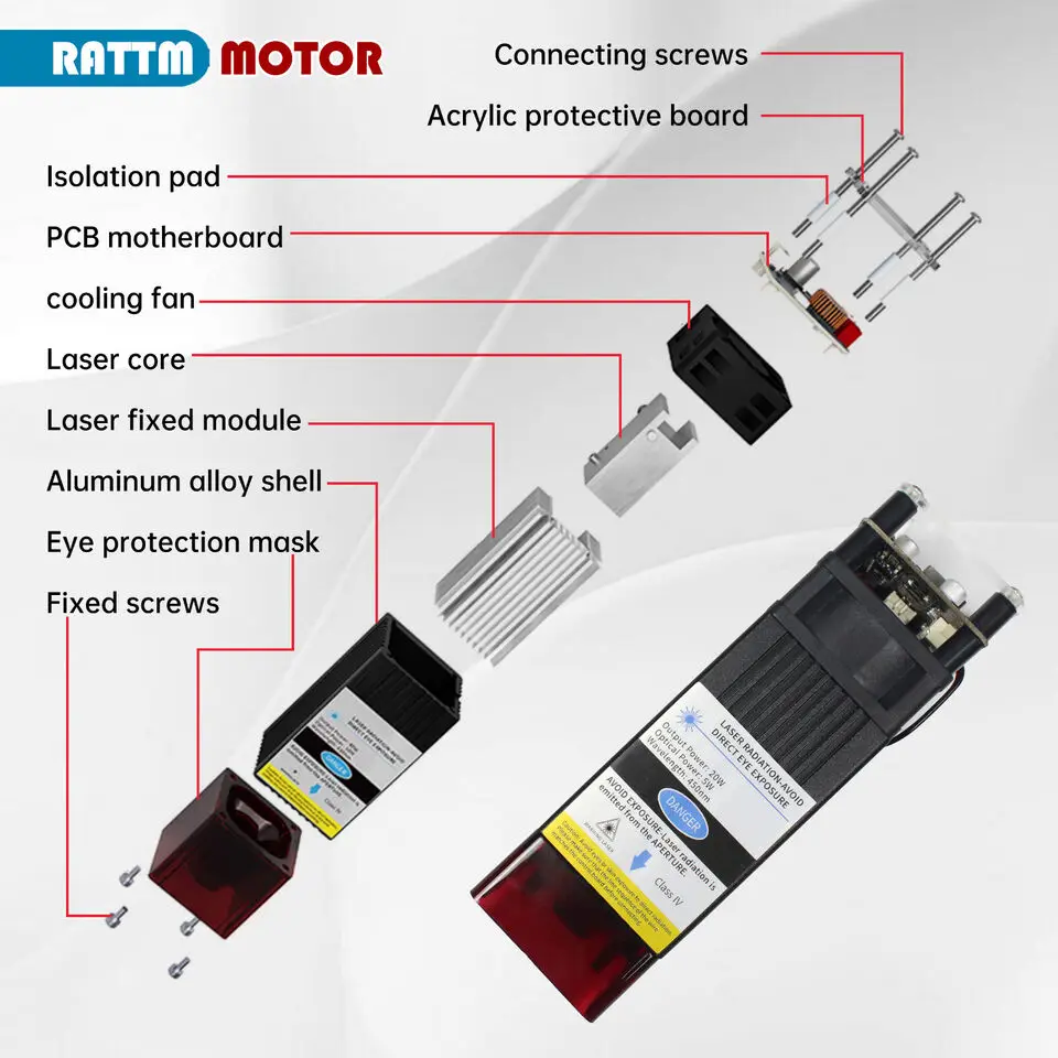【ضريبة القيمة المضافة المجانية في الاتحاد الأوروبي】20 وات 40 وات 3 دبابيس وحدة ليزر 450 نانومتر تركيز ثابت نقش بالليزر الأزرق وقطع صمام ثنائي أنبوب ليزر للتحكم TTL/PWM