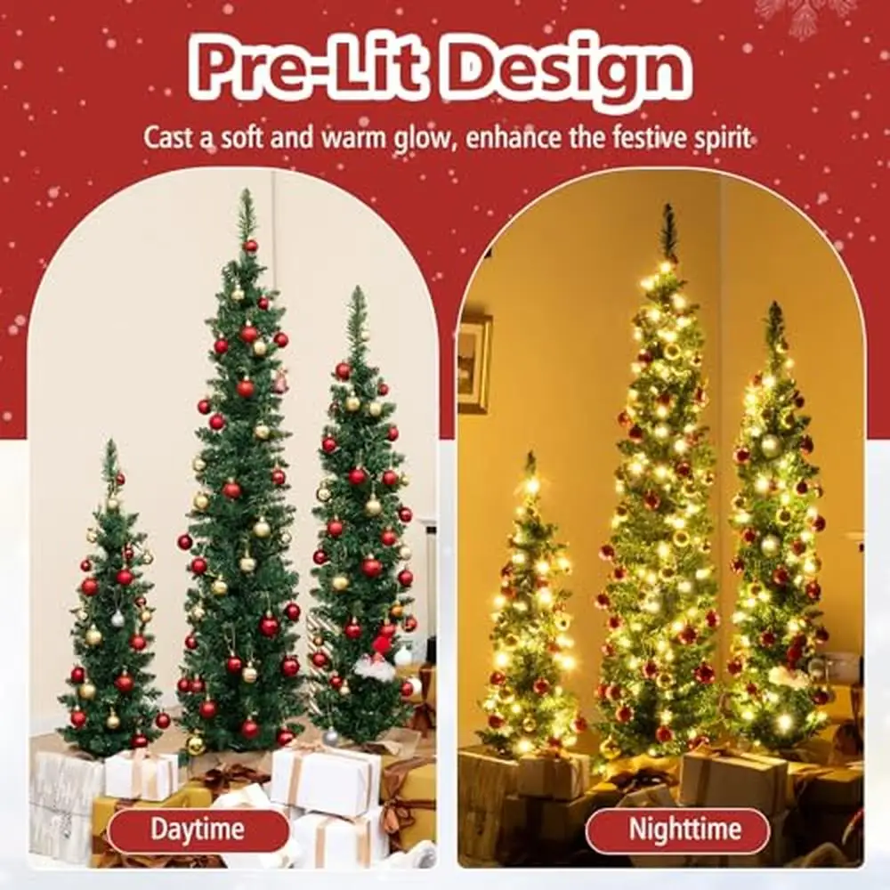 Christmas Tree Set of 3 Slim Pencil Xmas Trees with 415 Green Branch Tips 230 Warm White LED Lights 3' 4' 5' Artificial Holiday