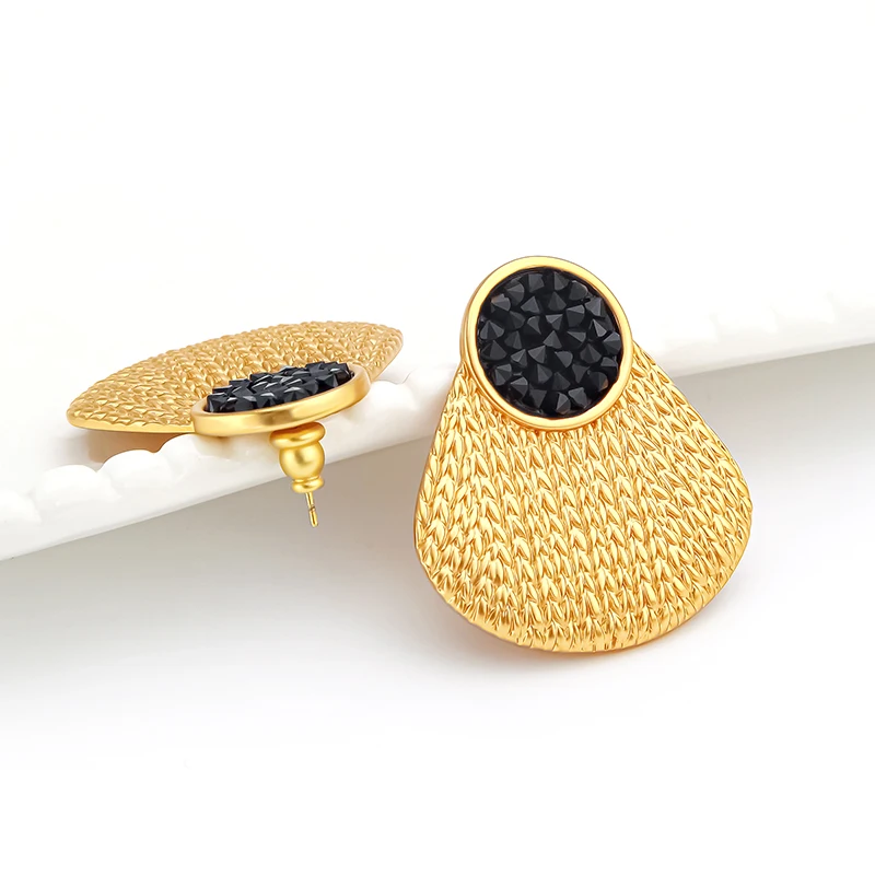 VAROLE Teardrop Textured Brass Earrings For Women Black Crystal Inlaid Stud Earrings Trendy Jewelry For Daily Party Wear Gift