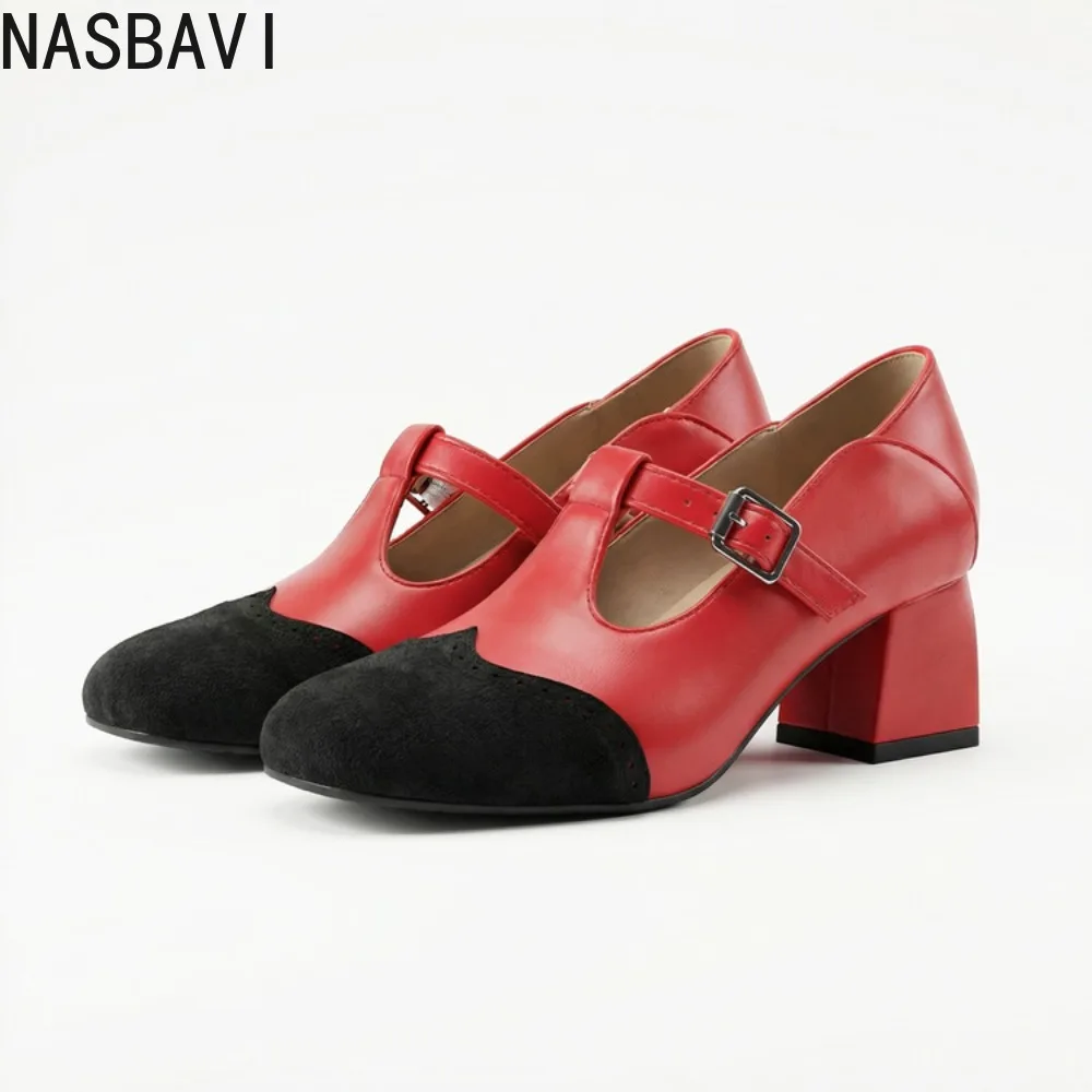 

Brown Female Pumps Square Toe Block Heel Buckle T-Strap Splicing Plus Size 34-46 48 Sweet Daily Mary Janes Dress Leather Shoes