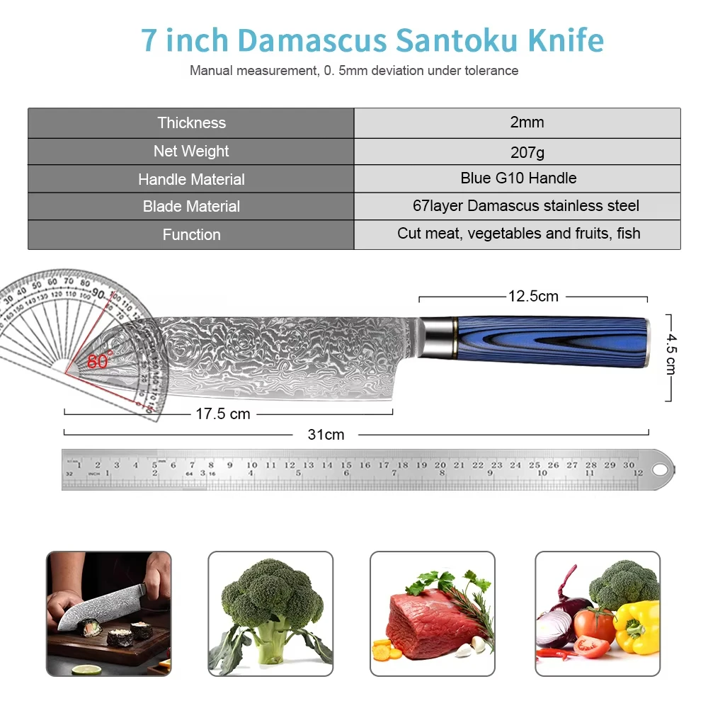 XITUO Santoku Knife 7 Inch Damascus Kitchen Knife Ultra Sharp Blade Best Santoku Knife for Pro Chef & Restaurant-Blue G10 Handle