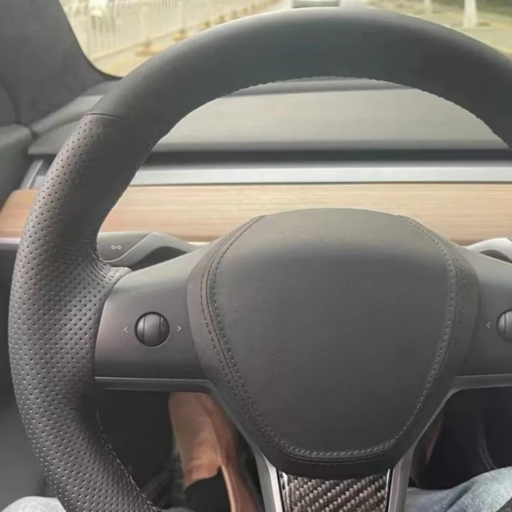 Anti-Slip Hand Stitching Black Car Steering Wheel Cover DIY Microfiber Leather For Tesla Model 3 Model Y Auto Accessories