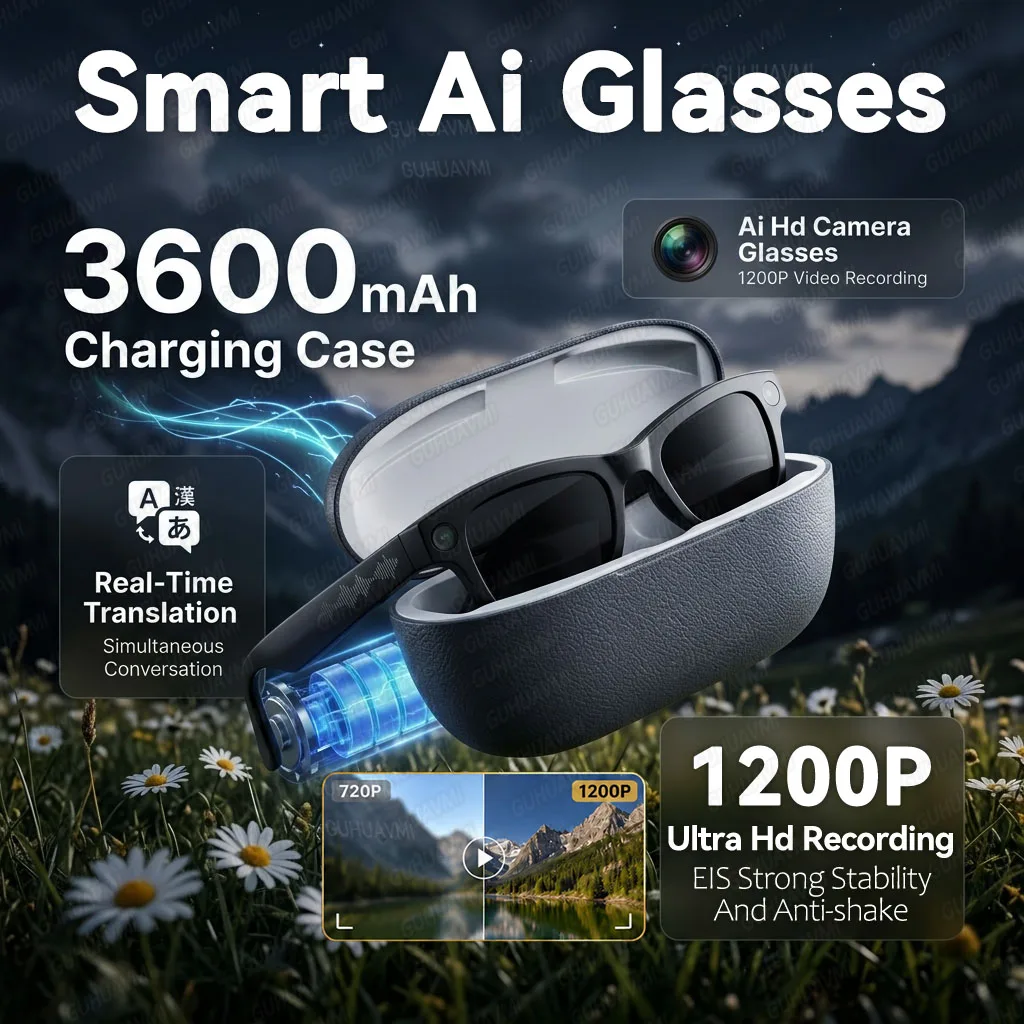 2026 New Camera Glasses, 1200P Video, 8MP Photo, Voice Wake Up, Real Time Translation, Dual Mic Noise Reduction Eyewear For Men