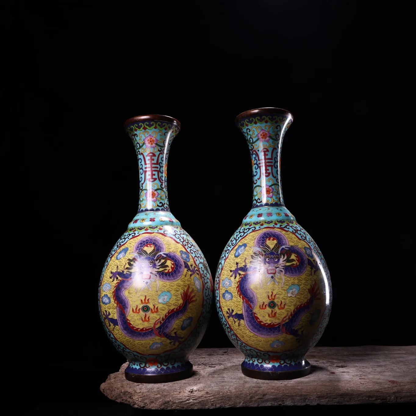 

18"Tibet Temple Collection Old Bronze Cloisonne Enamel Dragon Phoenix texture Longevity Bottle Vase A pair Ornaments