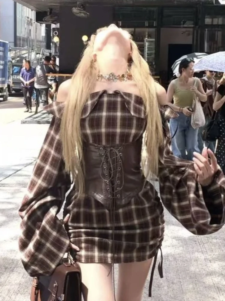 Vestidos Retro americanos sexis con diseño de cuadros marrones para mujer, vestido Vintage elegante de manga larga con cuello oblicuo, trajes elegantes de moda Harajuku