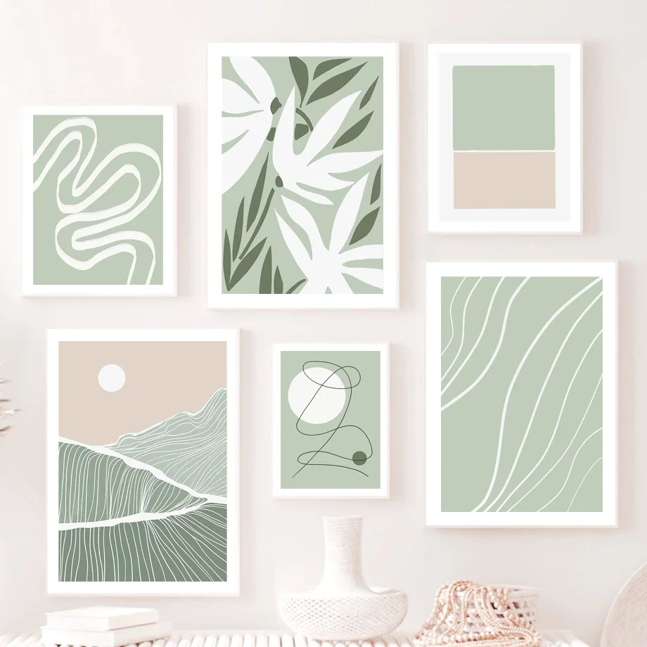 GREEN BEIGE Color Block Abstract Sun Leaf Line Art Canvas Painting Nordic Posters And Prints Wall Pictures For Living Room Decor